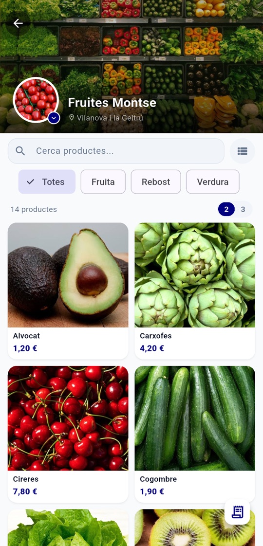 El escaparate de una frutería en la app: portada, categorías y productos con foto y precio