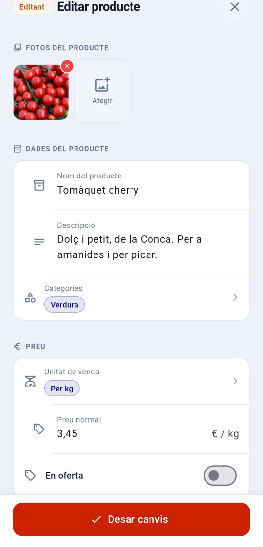 El comerciante editando los tomates: foto, nombre, categoría y precio por kilo