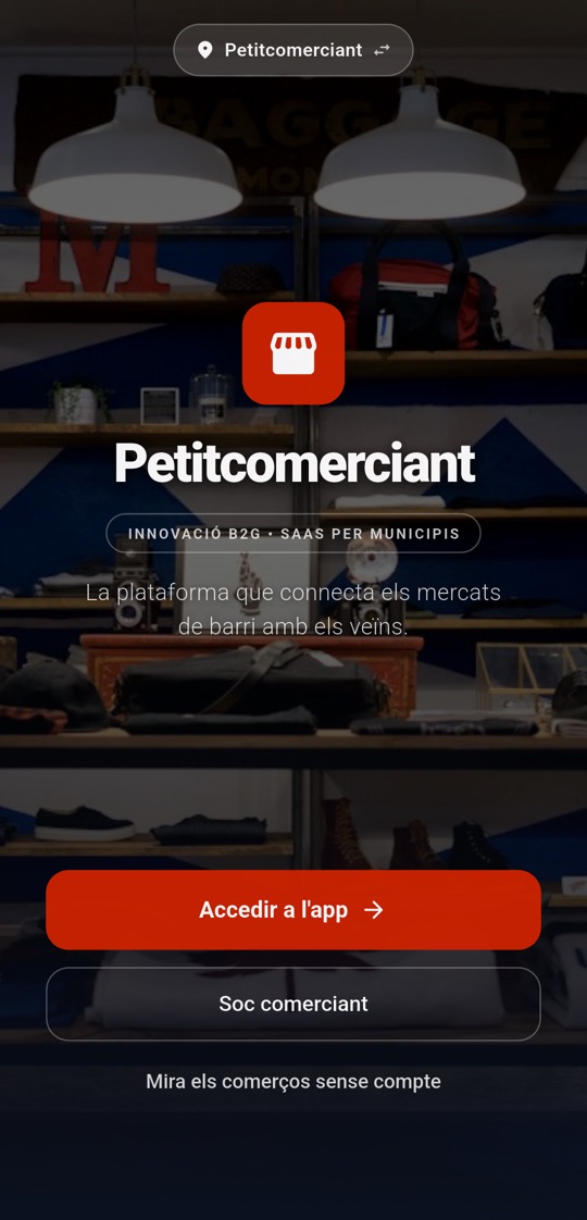 La puerta de entrada de la app: la marca, acceder, soy comerciante o mirar sin cuenta